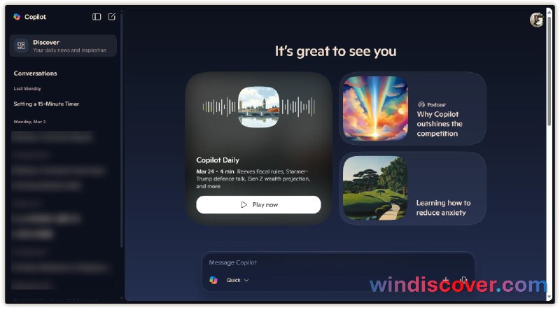新版 Copilot 网页版 UI 正在推出，聊天历史回归侧栏 - WinDiscover