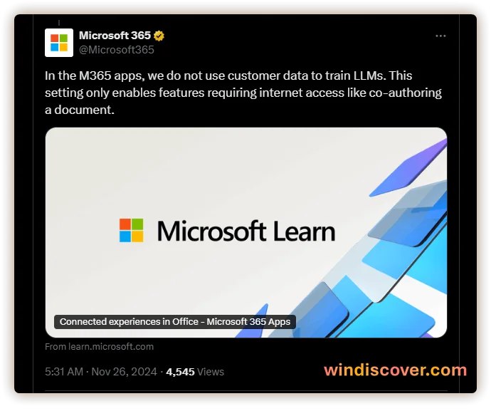 微软：“未使用 Office 数据进行 AI 大模型训练” - WinDiscover