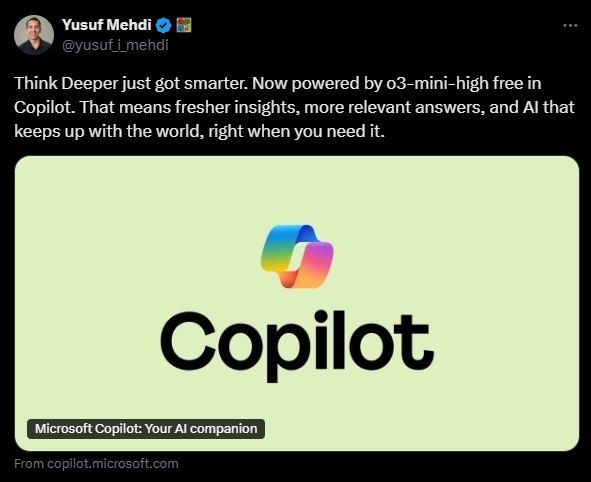 Copilot Think Deeper 开始由 o3-mini-high 模型驱动 - WinDiscover