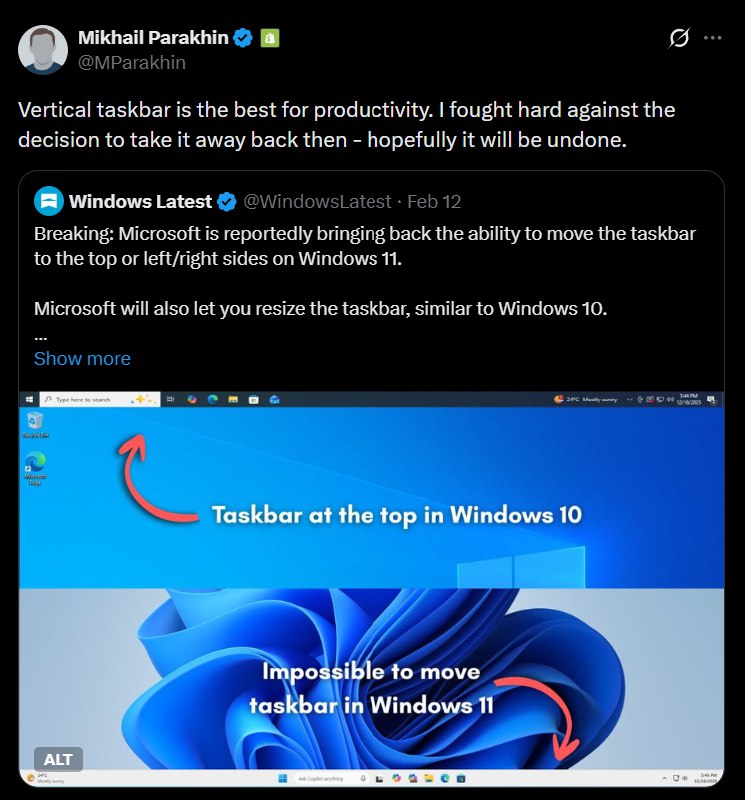 前微软高管透露曾为保留 Windows 11 垂直任务栏功能据理力争 - WinDiscover