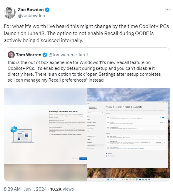 微软正考虑在 Windows 11 24H2 上默认关闭 Windows Recall 特性 - WinDiscover