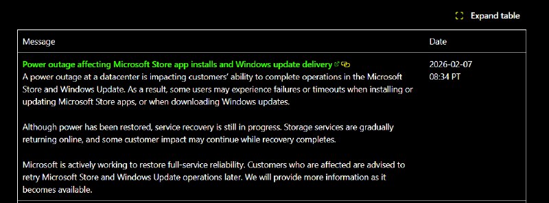 因数据中心断电，Microsoft Store 与 Windows Update 服务暂时出现中断 - WinDiscover