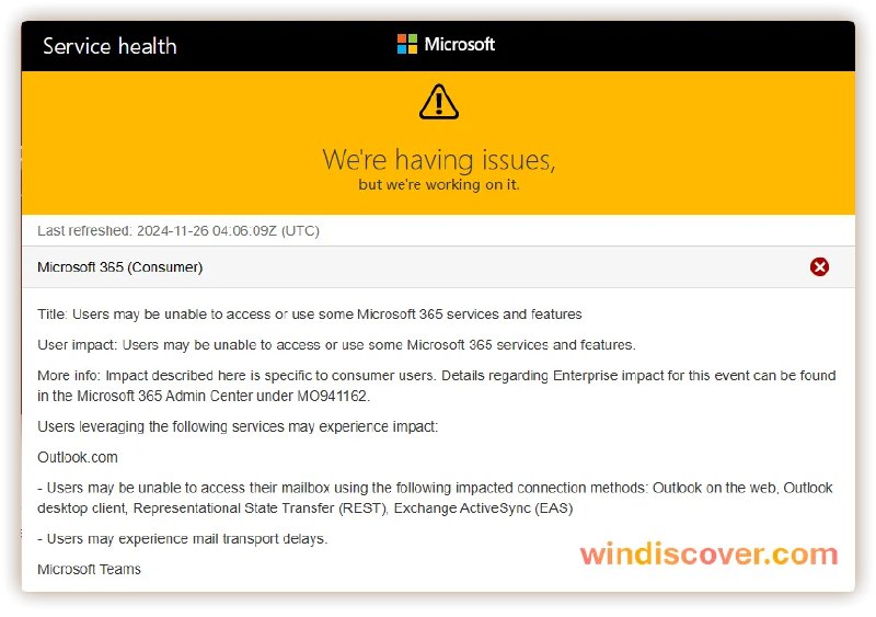 Microsoft 365 出现服务故障 - WinDiscover